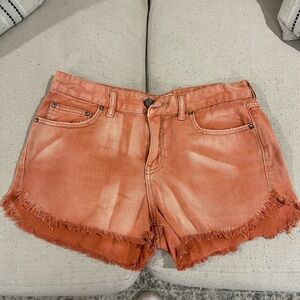 Women's Orange Frayed Denim Shorts
